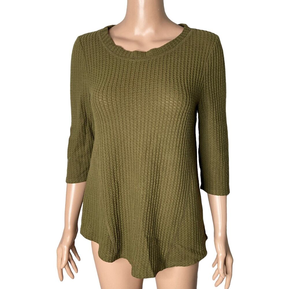Bobeau Top Womens Small Olive Green Brushed Waffle-Knit